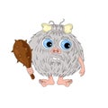 Cute cartoon bigfoot with bone in the hair and ÃÂ° club in hands.